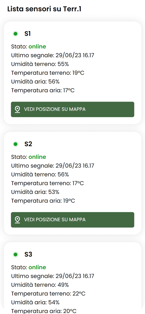 App agricoltura - schermata monitoraggio sensori